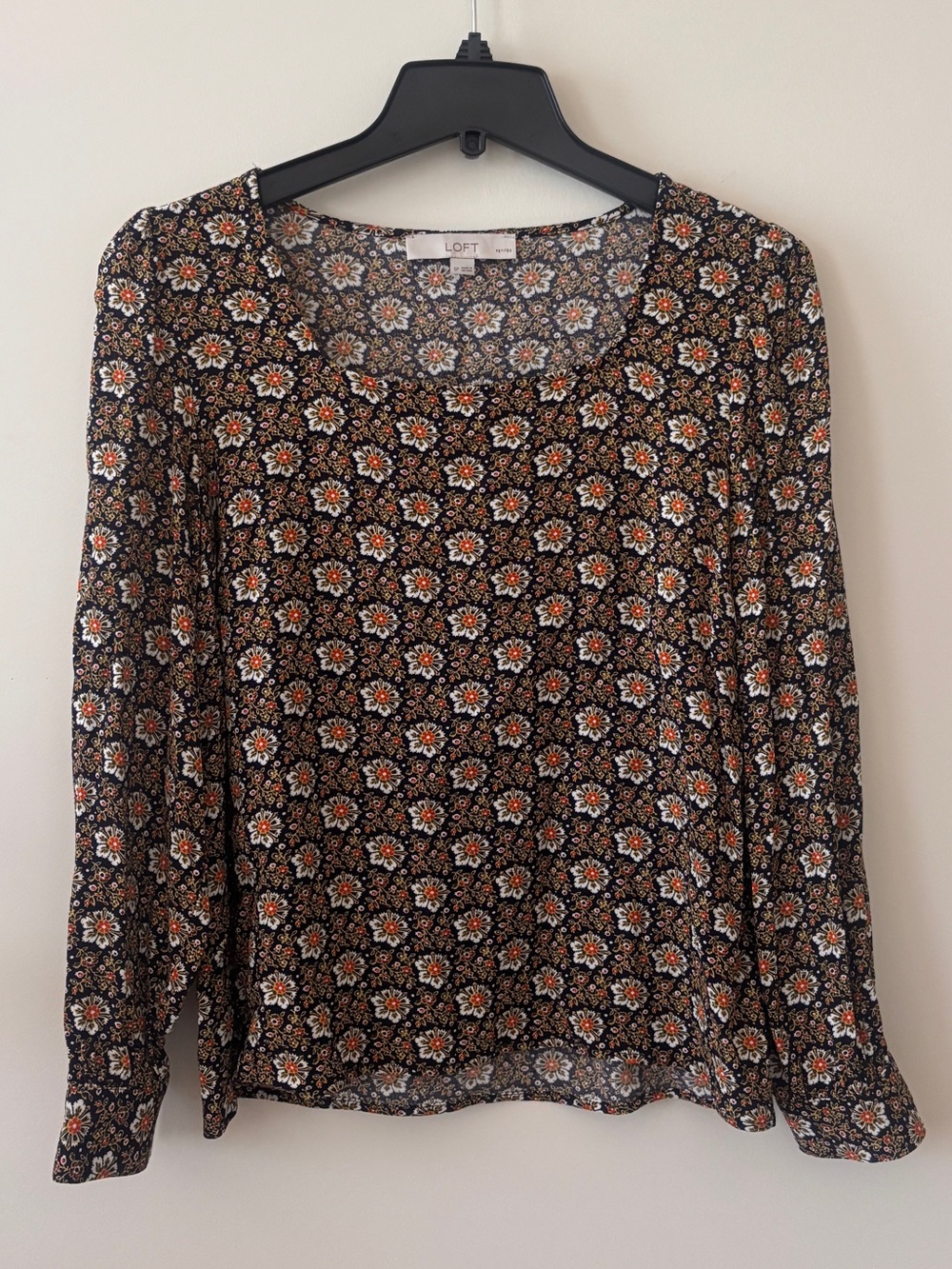 LOFT Mixed Media Floral Scoop Neck Long Sleeve Blouse